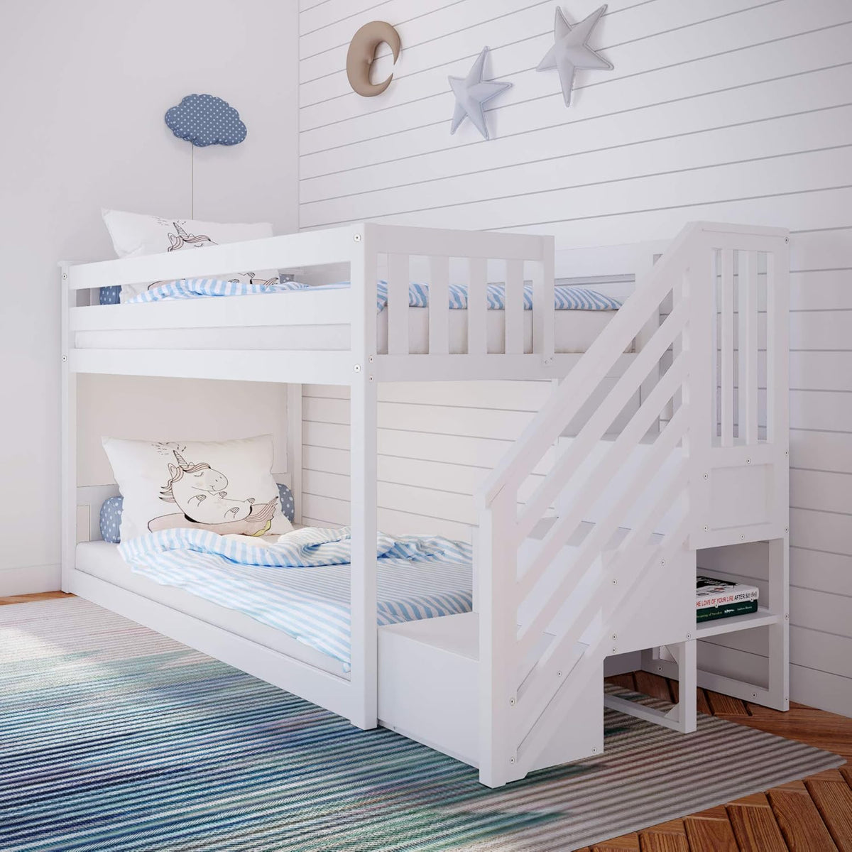 Twin Low Bunk Bed with Staircase, White Q71920