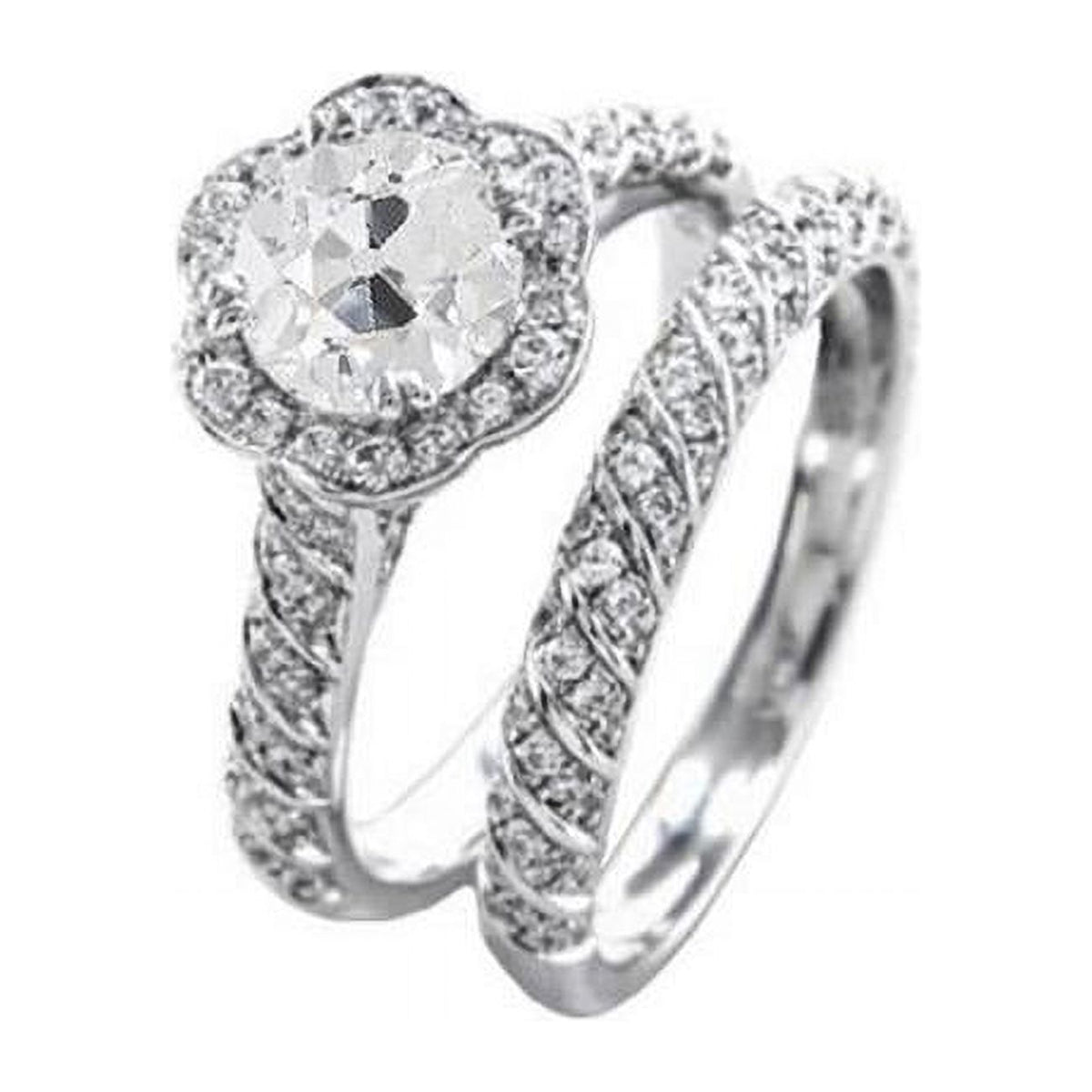 Old Cut Diamond Flower Style Pave Engagement Ring Set, Size 6.5 D160