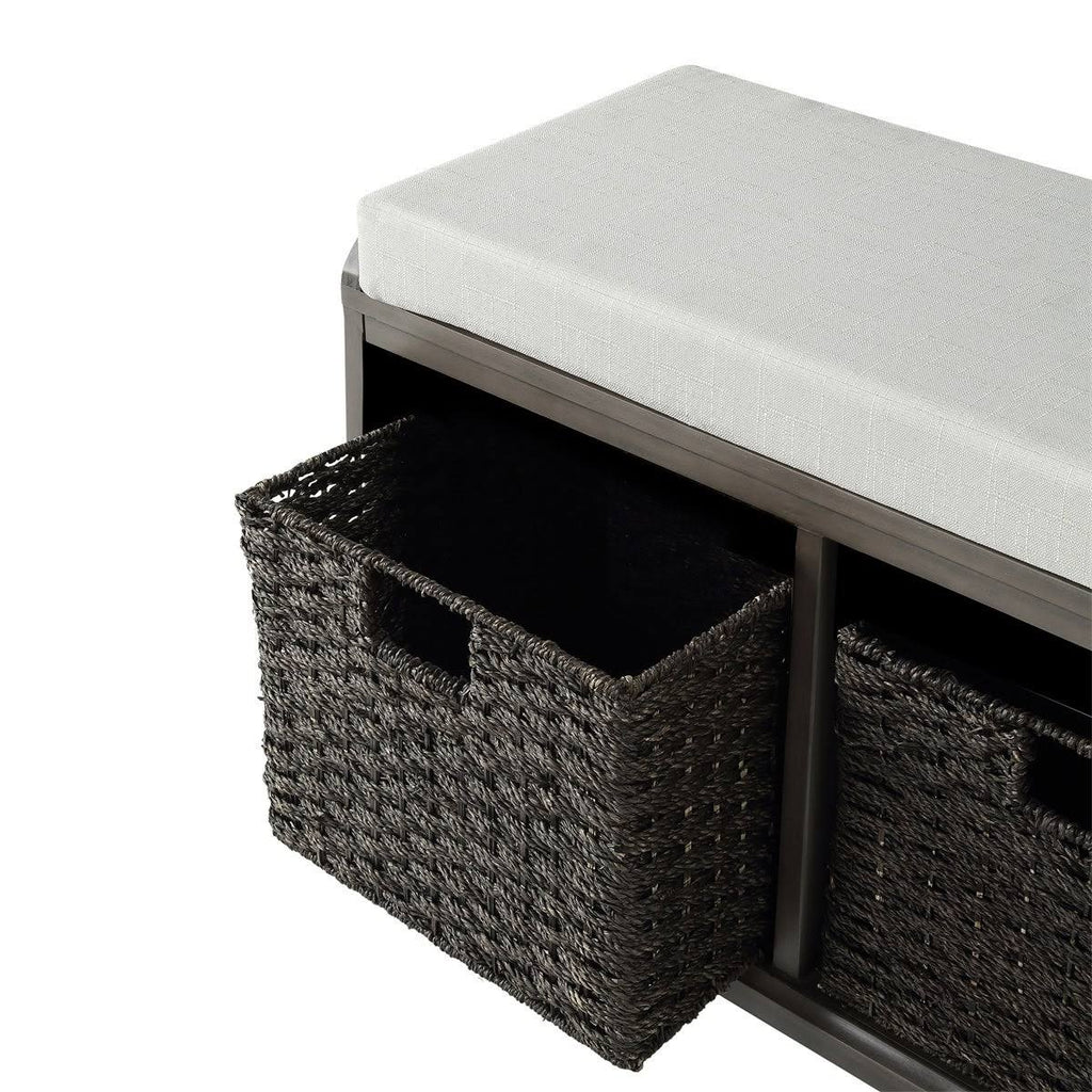 White Wood Storage Bench with 2 Woven Baskets M606377