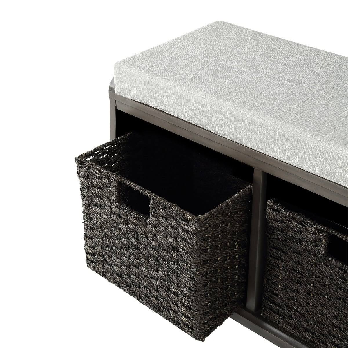 White Wood Storage Bench with 2 Woven Baskets M606377