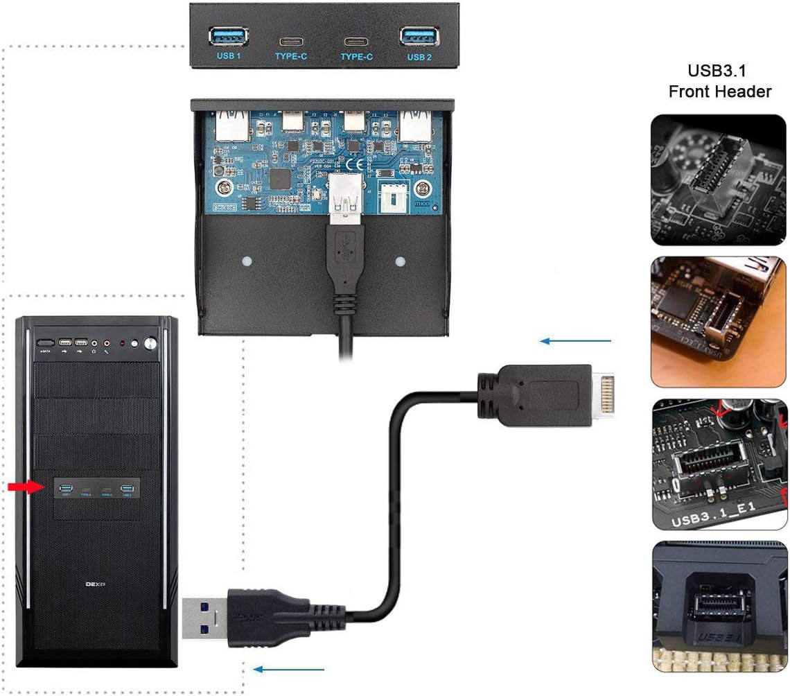 USB 3.1 Front Panel Header to USB-C & USB 3.0 HUB 4 Ports Motherboard Cable G912