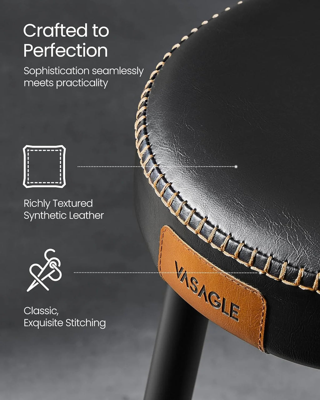 Set of 2 Upholstered Synthetic Leather Dining Stools, Ink Black L4023