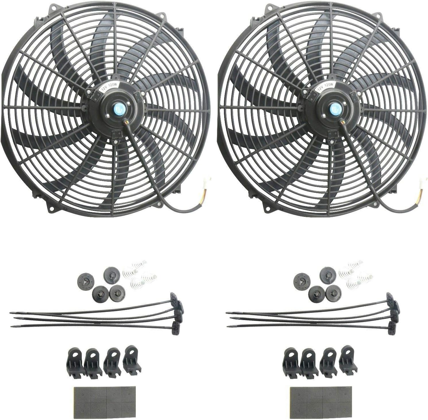 12V Slim Electric Cooling Radiator Fan with Fan Mounting Kit (12 Inch Black, 2 Pack) H891359