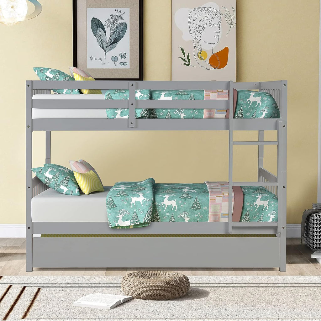 Twin Over Twin Solid Wood Bunk Beds with Trundle and Safety Rail and Ladder J646613