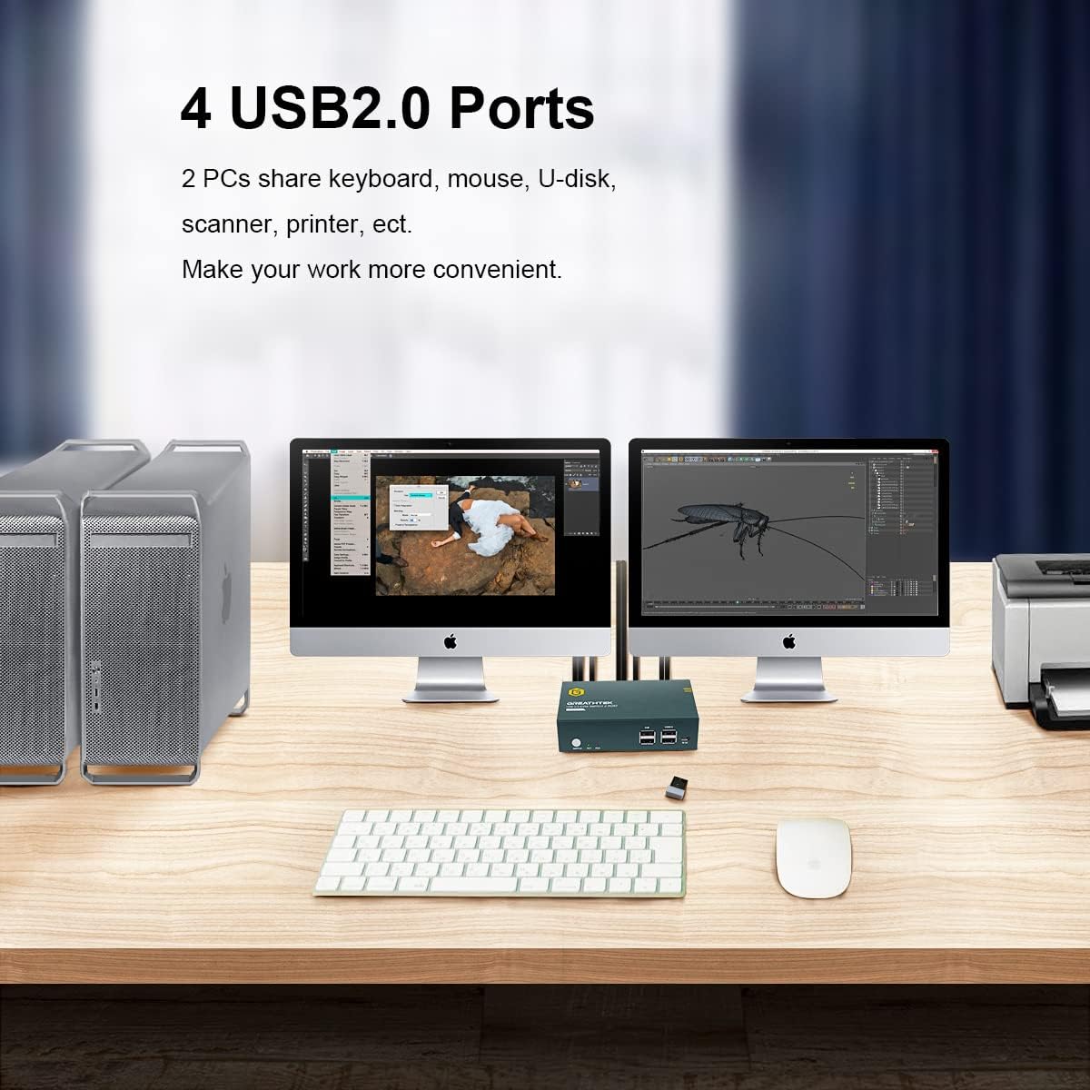 KVM Switch HDMI Dual Monitor 2 Port, 4K@60Hz, 4 USB 2.0 Hub, 4 HDMI Cables, 2 USB Cables G240918