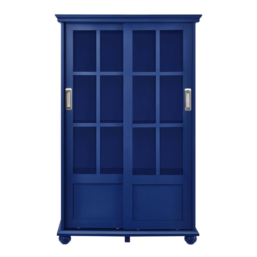 Blue Bookcase with Sliding Glass Doors W395