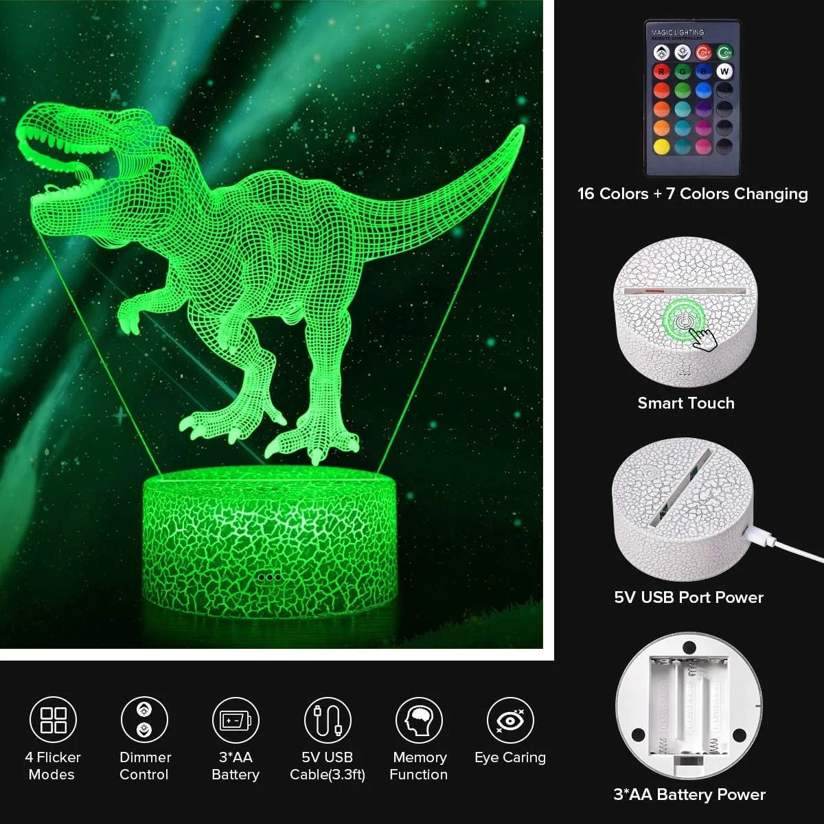 3D Dinosaur Night Light with Remote, 7 Colors + 16 Colors Changing Dimmable T Rex D351