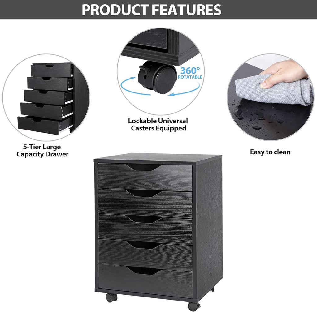 5 Drawer Mobile Wood Filing Cabinet with Lockable Casters, Black, Pack of 2 U86878