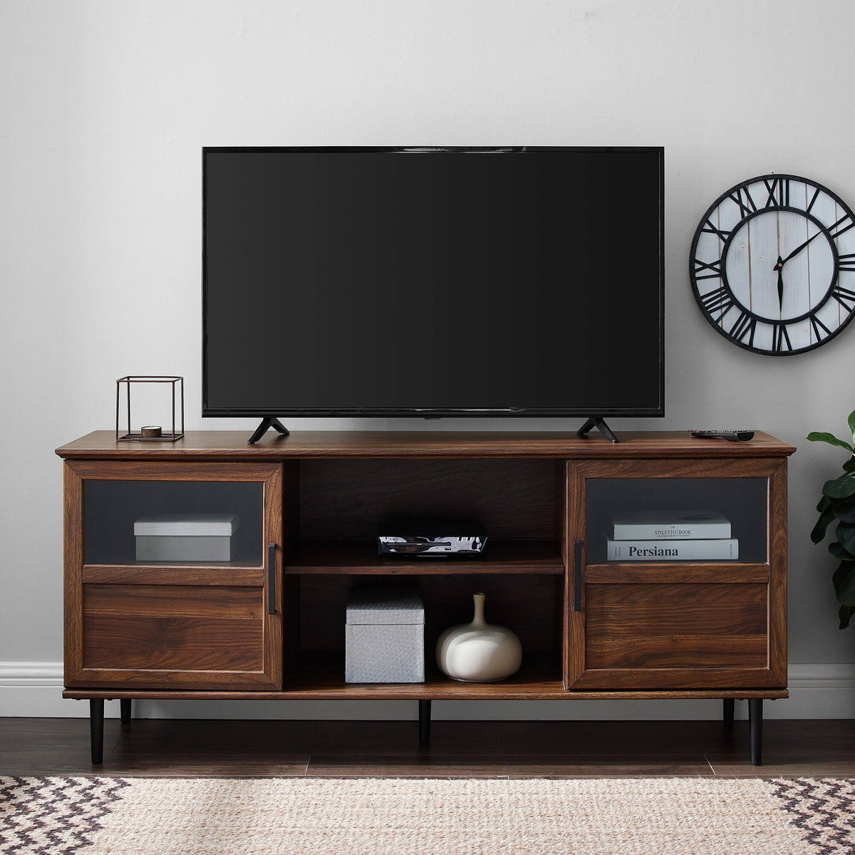 Dark Walnut Glass Wood TV Console T9938