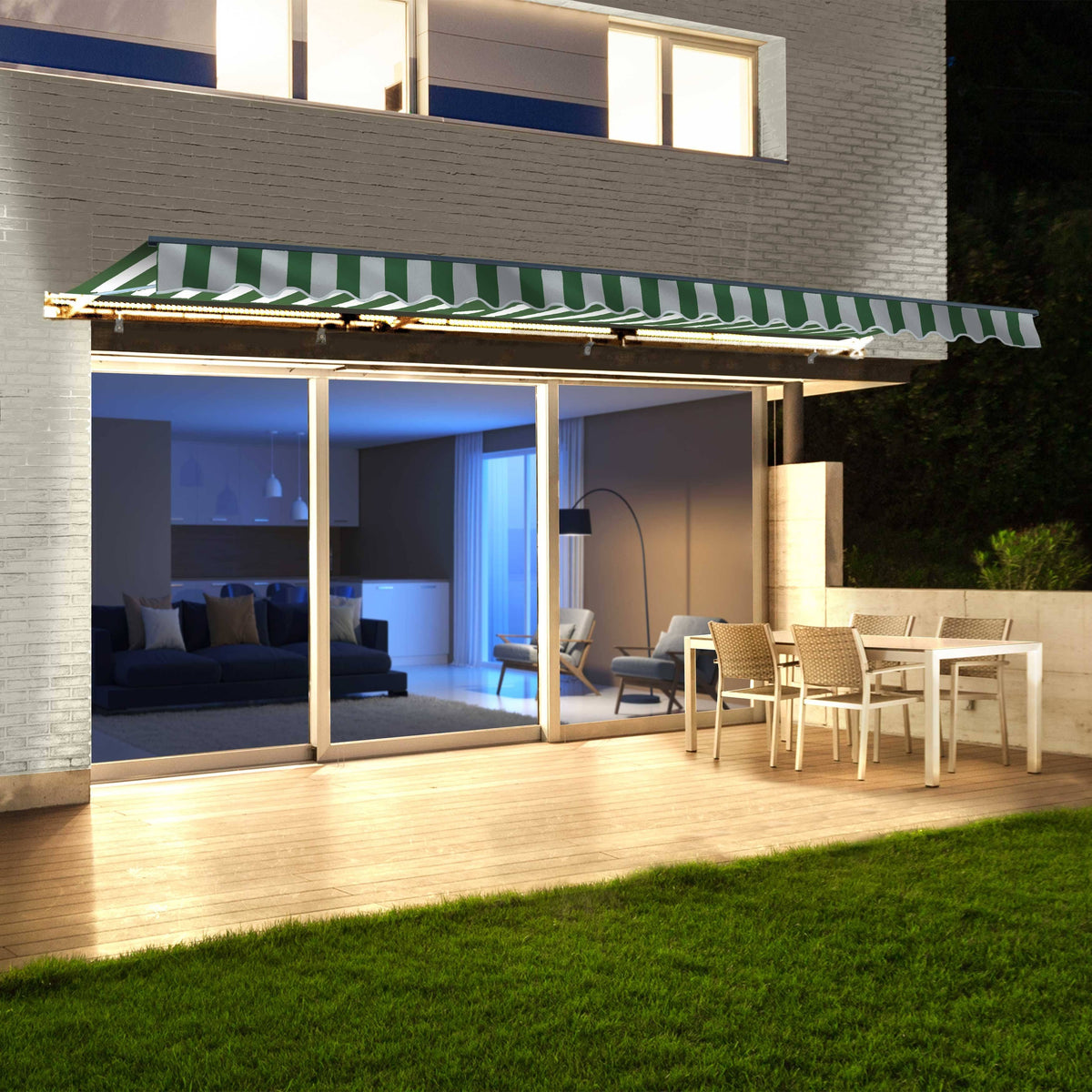 Motorized LED Half Cassette Retractable Awning 12 x 10 Feet, Green/White L129793