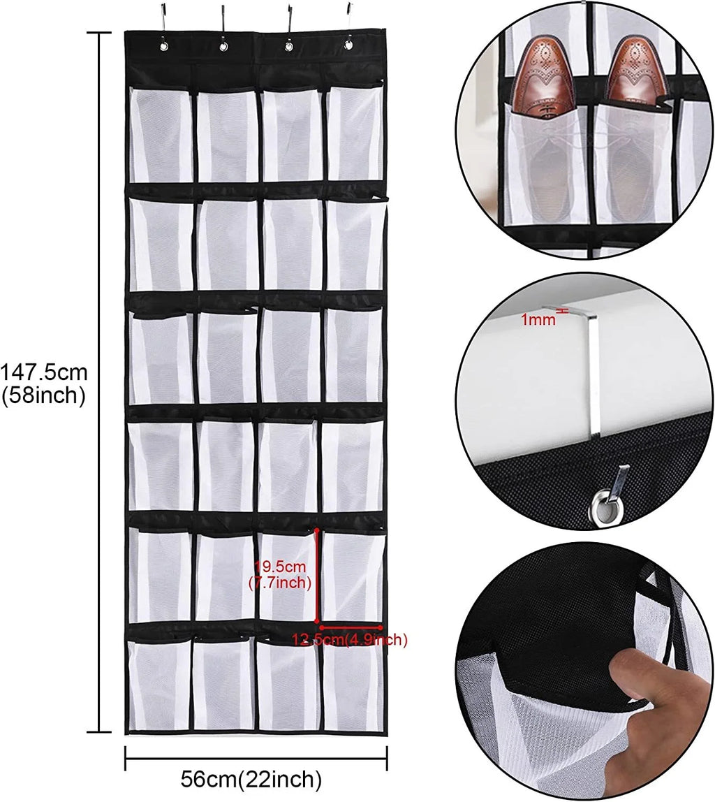 Black Over the Door Shoe Storage Organizer with 24 Mesh Pockets L325043