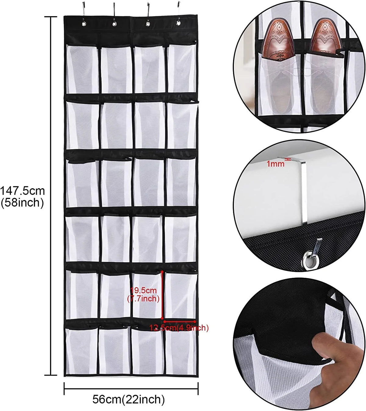 Black Over the Door Shoe Storage Organizer with 24 Mesh Pockets L325043
