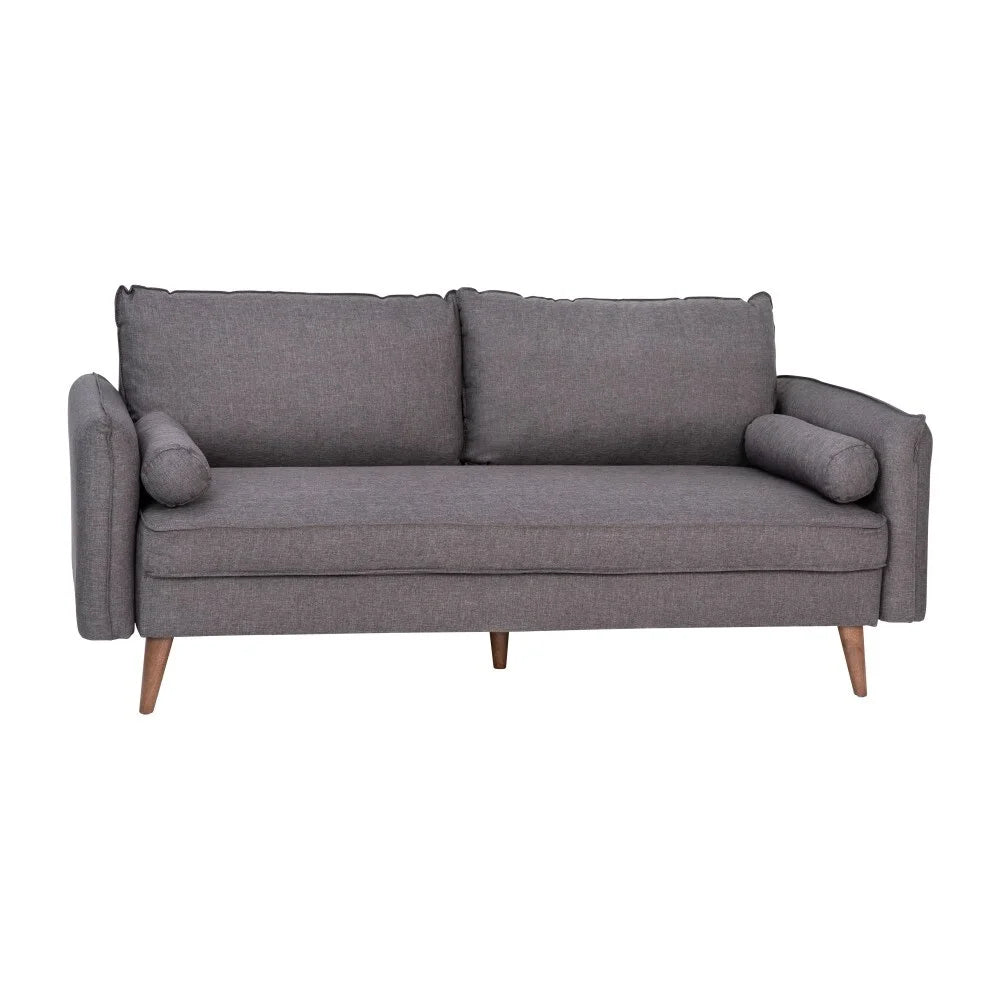 Compact Faux Linen Upholstered Sofa with Wooden Legs Stone Gray P7157