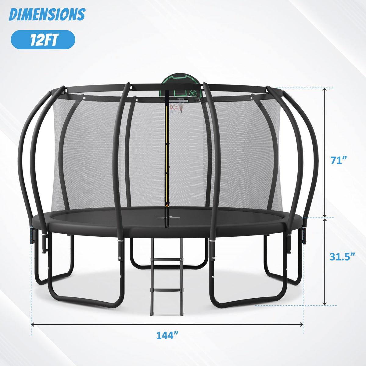 1200LBS 12FT Round Trampoline with Enclosure, Basketball Hoop, Ladder M399329