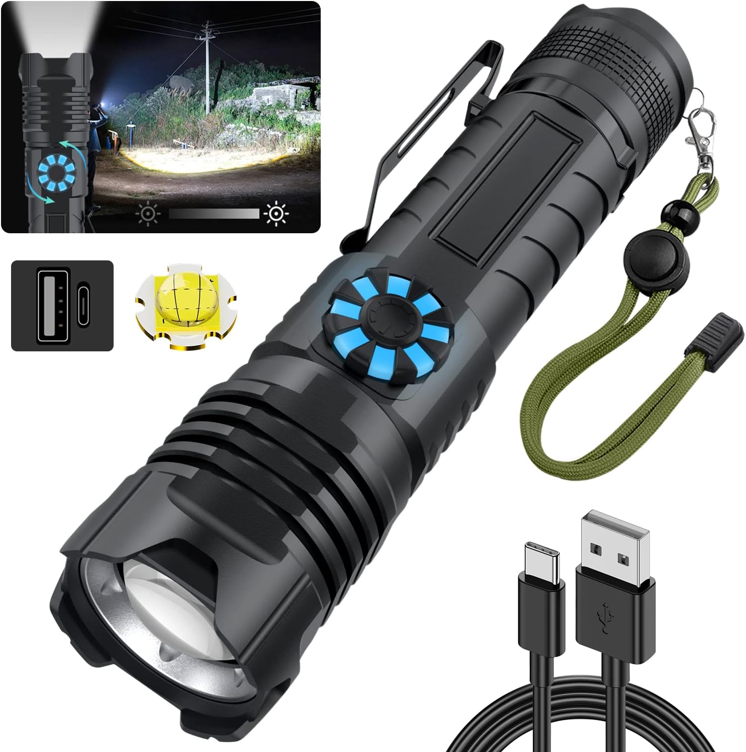 Rechargeable Tactical LED Flashlight, Zoomable Handheld X316593