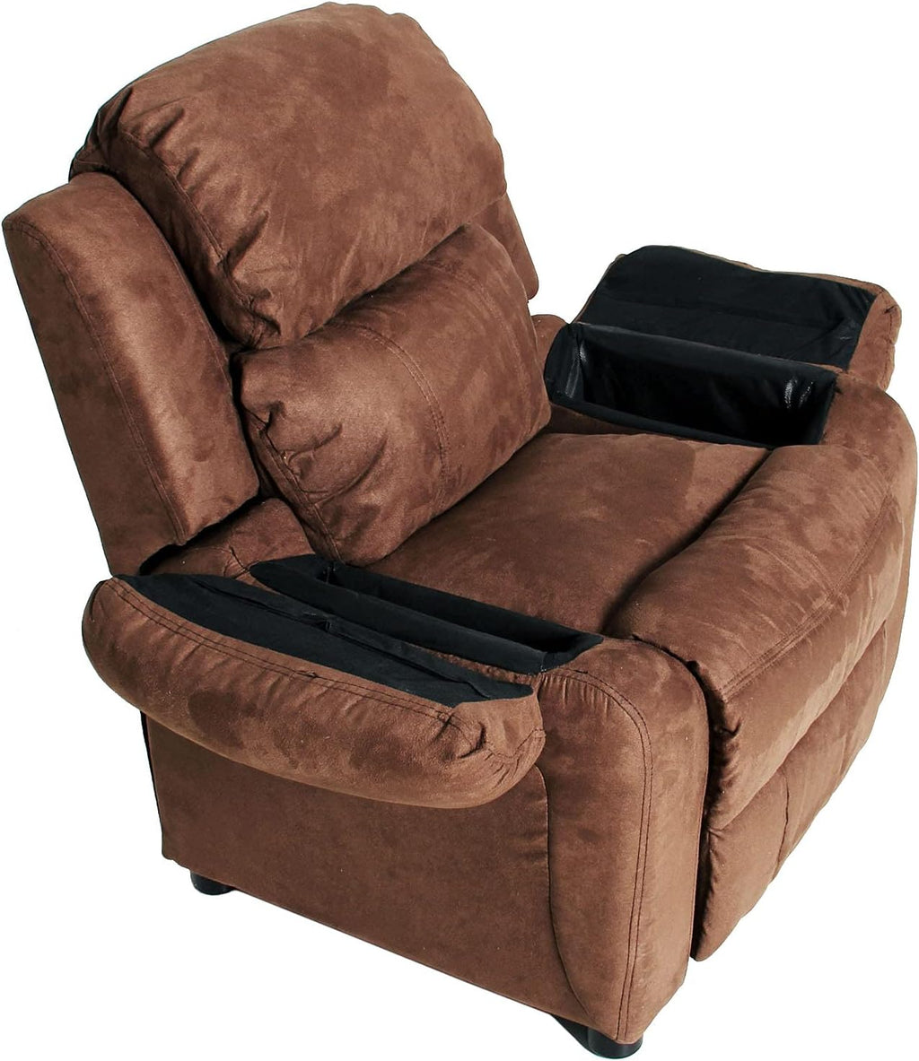 Light Brown Padded Leather Recliner with Storage Arms I428