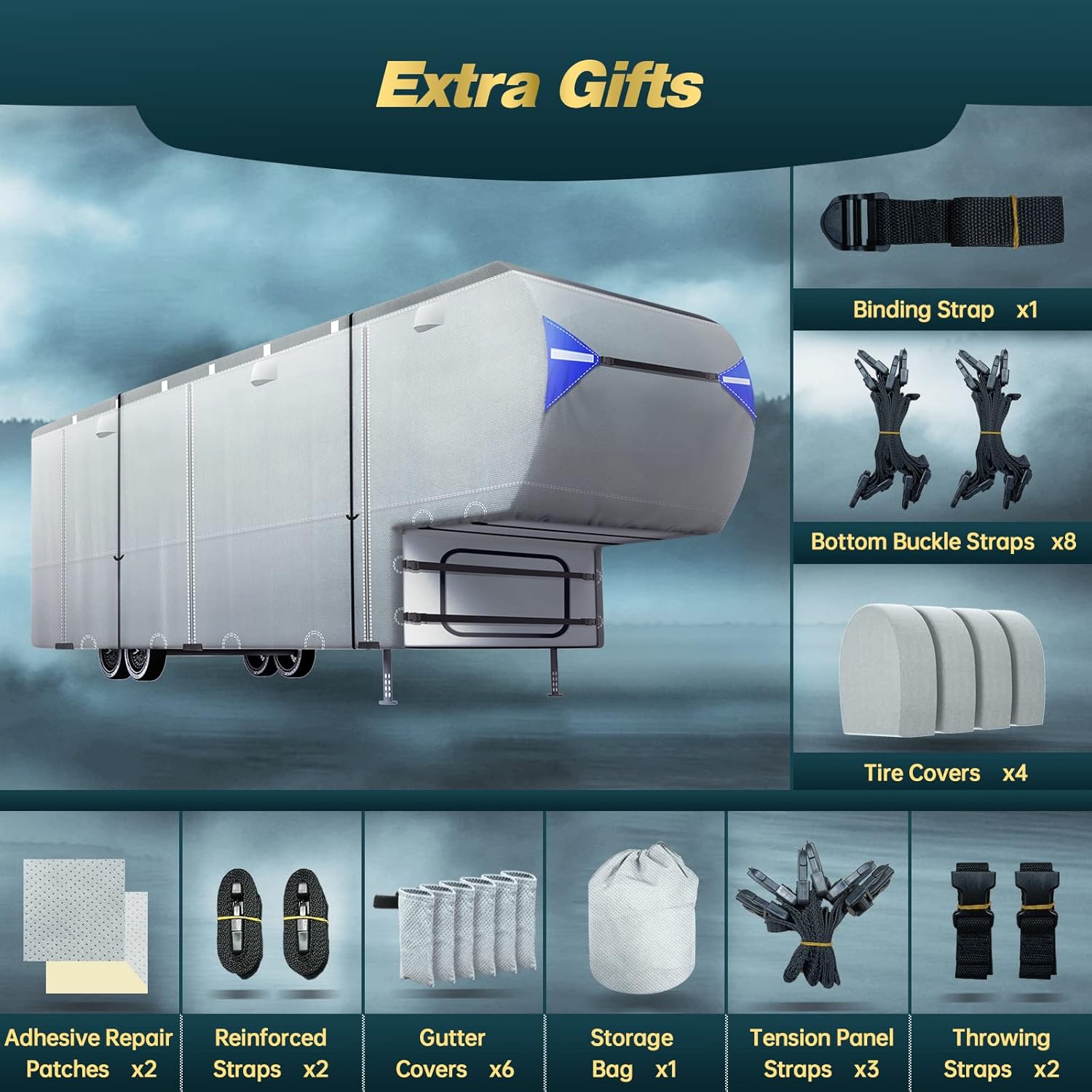 5th Wheel Travel Trailer Cover, 6 Layers Top RV Cover for 33’-37’ RV, Waterproof with 4 Tire Covers & 6 Gutter Covers J4426
