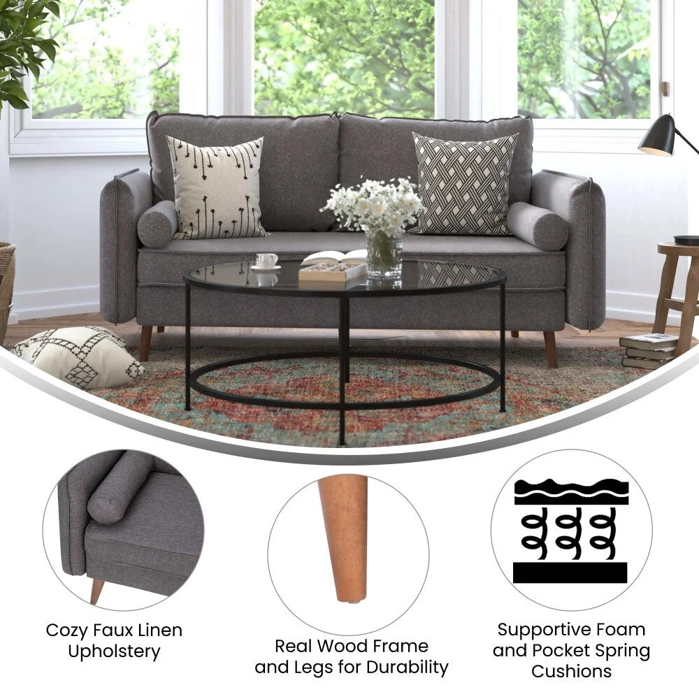 Compact Faux Linen Upholstered Sofa with Wooden Legs Stone Gray P7157