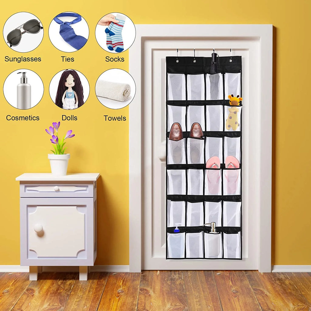 Black Over the Door Shoe Storage Organizer with 24 Mesh Pockets L325043