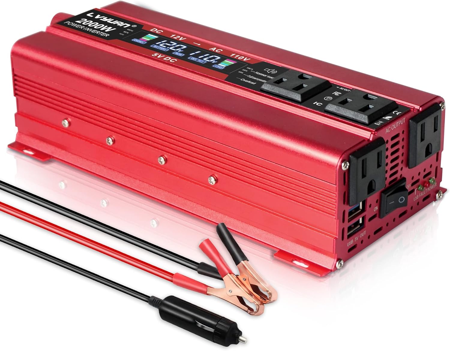 800W/2000W Peak Car Power Inverter DC 12V to 110V AC Converter with LCD Display Dual AC Outlets Dual USB Pack of 2 D201002