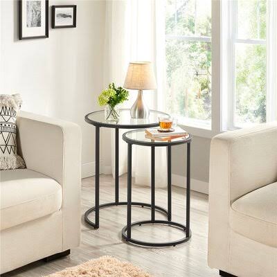Black Round Nesting End Table Set with Metal Frame and Glass Top R7717
