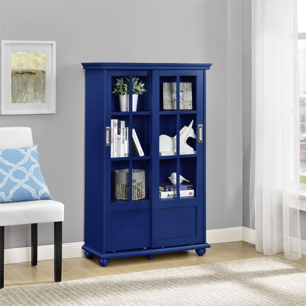 Blue Bookcase with Sliding Glass Doors W395