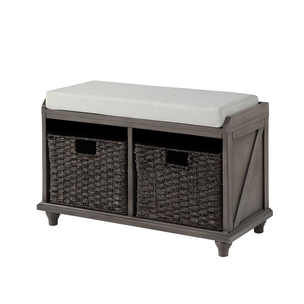 White Wood Storage Bench with 2 Woven Baskets M606377