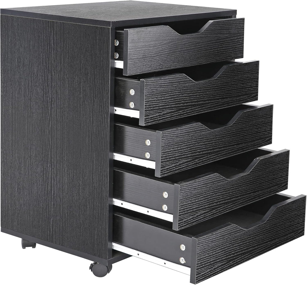 5 Drawer Mobile Wood Filing Cabinet with Lockable Casters, Black, Pack of 2 U86878