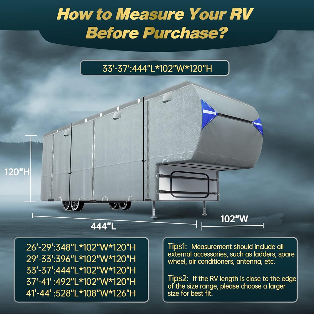 5th Wheel Travel Trailer Cover, 6 Layers Top RV Cover for 33’-37’ RV, Waterproof with 4 Tire Covers & 6 Gutter Covers J4426