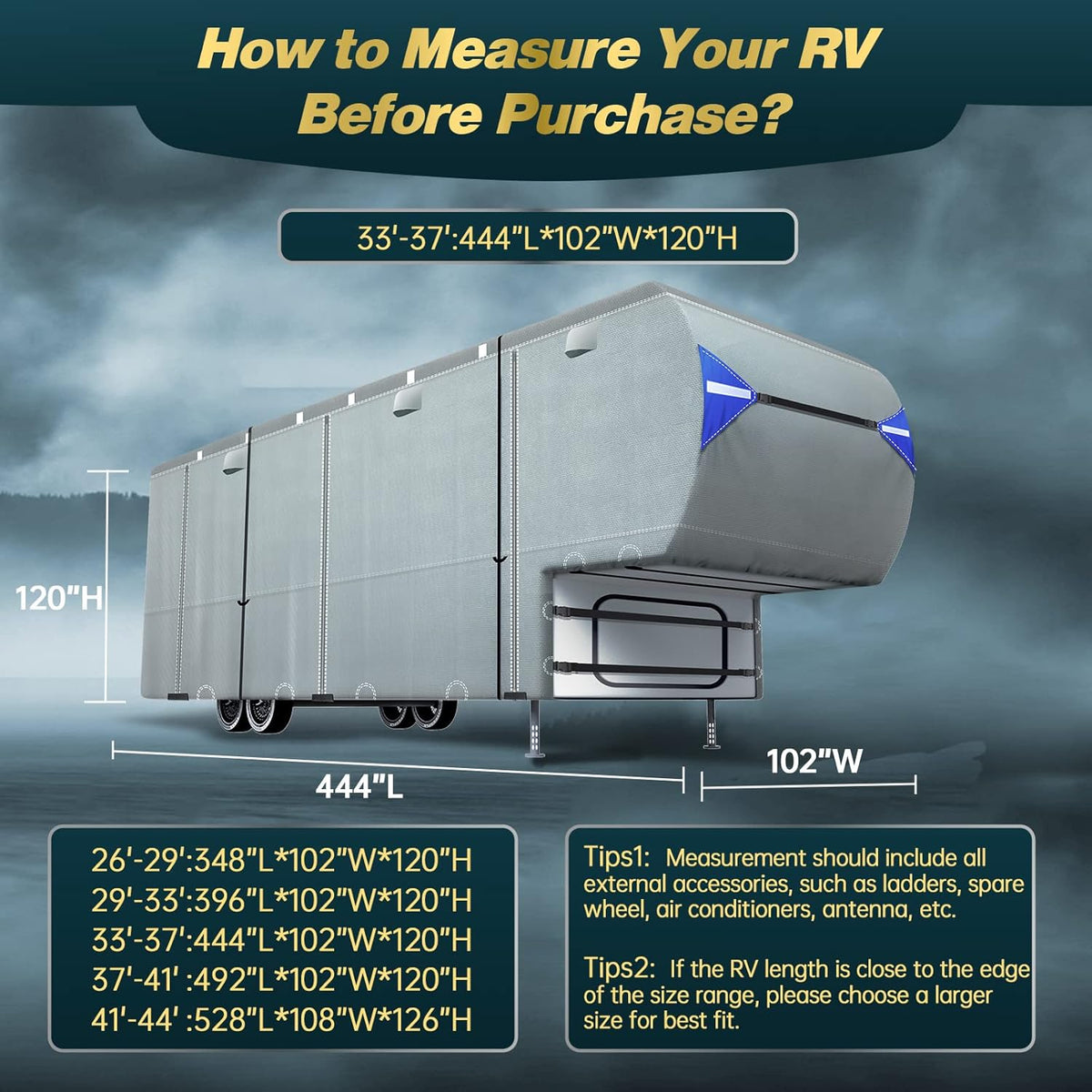 5th Wheel Travel Trailer Cover, 6 Layers Top RV Cover for 33’-37’ RV, Waterproof with 4 Tire Covers & 6 Gutter Covers J4426