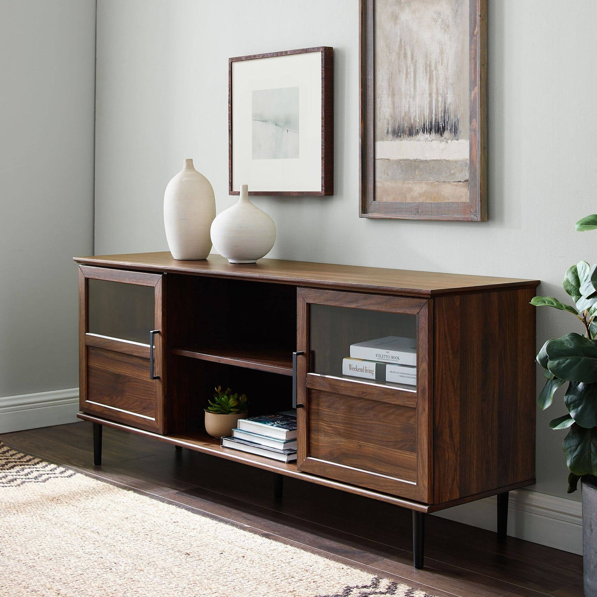 Dark Walnut Glass Wood TV Console T9938