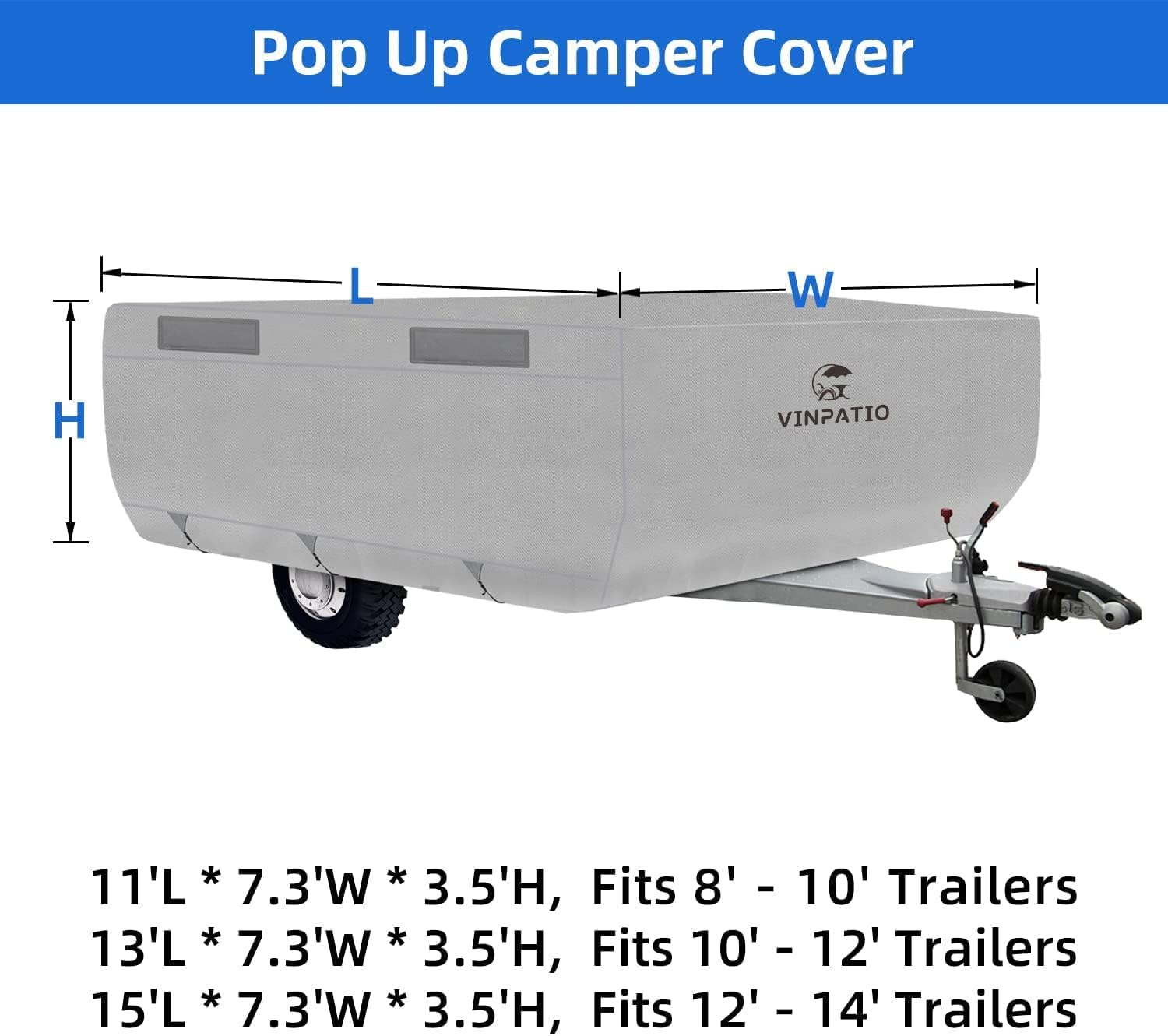 3 Layers Polypropylene Pop Up Camper Cover Fits 8' - 10' Trailers, Grey Y7174