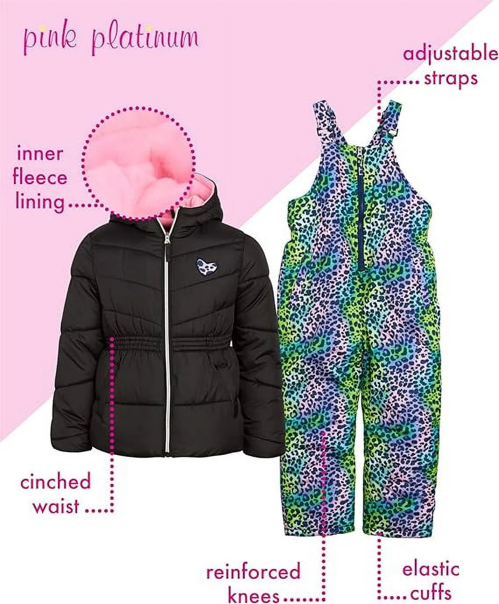 Pink 2 Piece Insulated Snowsuit Ski Jacket and Snow Bib D92184