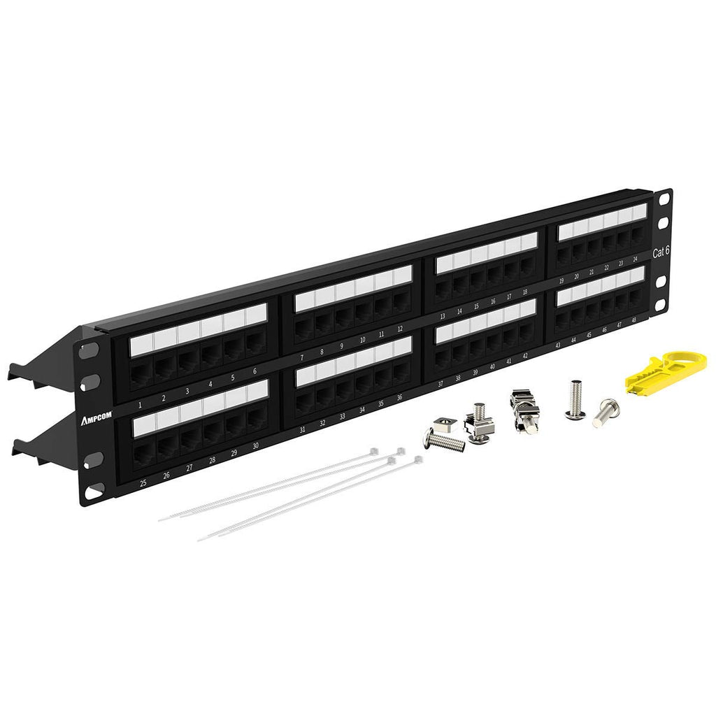 48 Ports Rack Mount CAT6 Patch Panel 2U 19 inch RJ45 Ethernet 568A 568B Gold Plated with Rear Cable Support Bar Pack of 2 C526