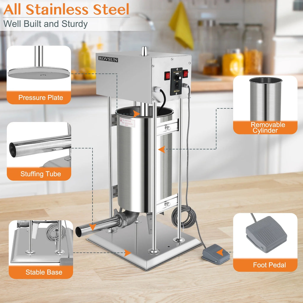 15.4LBS/10L Electric Stainless Steel Sausage Stuffer with 5 Stuffing Tubes O785194