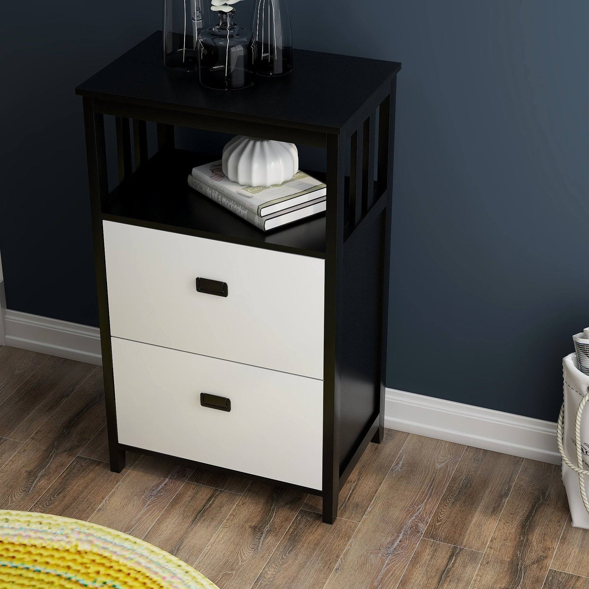 Black 2 Drawers Lateral File Cabinet with Open Compartment H682