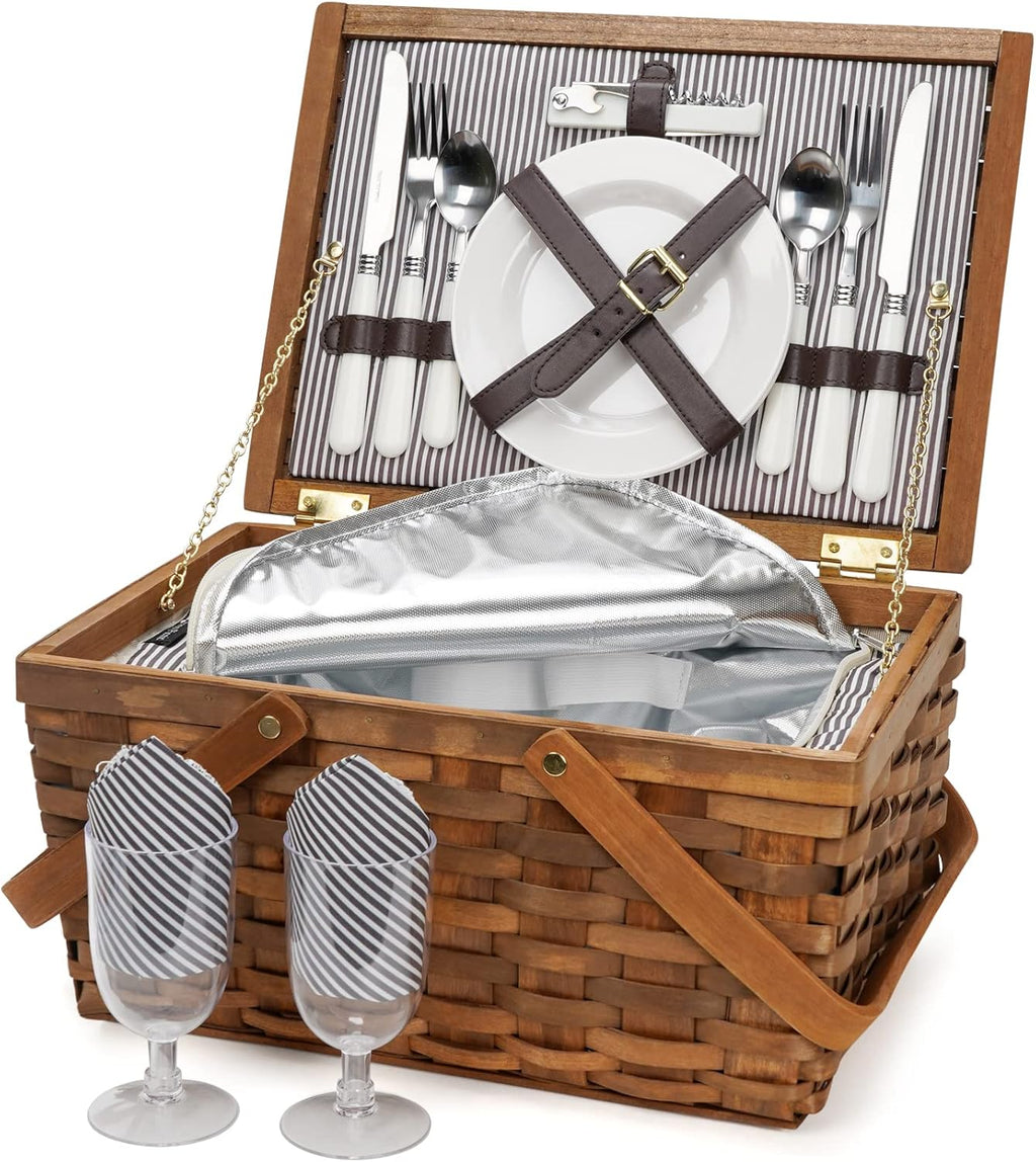 Picnic Basket Set with Insulated Cooler, Woven Basket with Double Folding Handles O81512