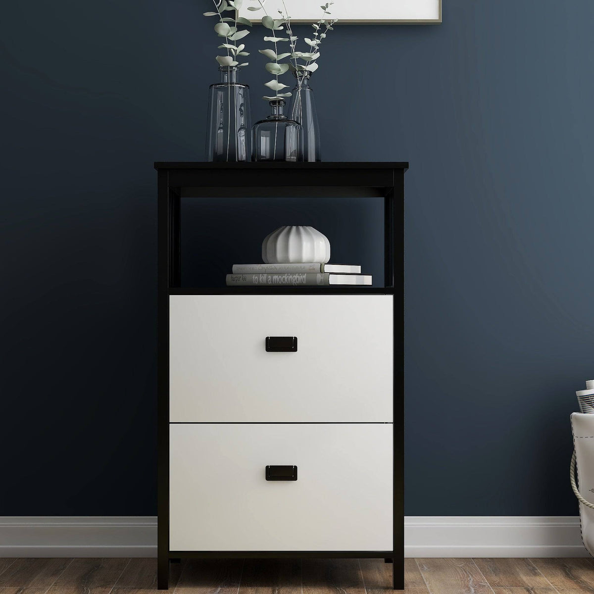 Black 2 Drawers Lateral File Cabinet with Open Compartment H682