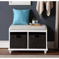 White Wood Storage Bench with 2 Woven Baskets M606377