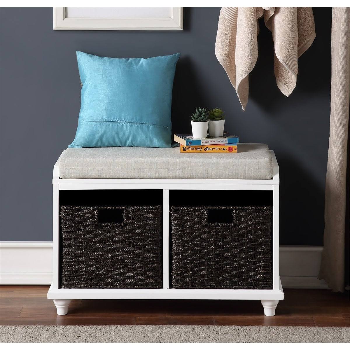 White Wood Storage Bench with 2 Woven Baskets M606377