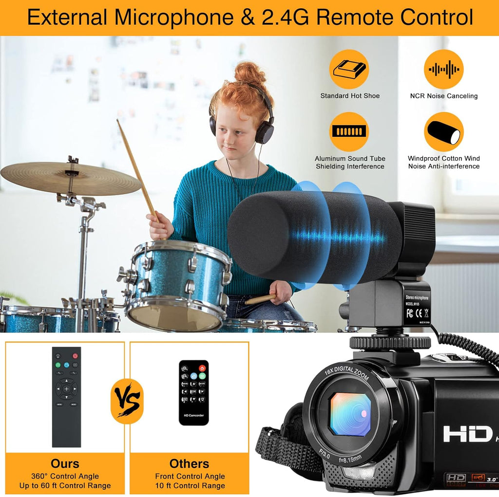 FHD 1080P 30FPS 24MP 3.0 Inch 270° Rotation Screen Digital Vlogging Camera with Microphone, Remote Control, 2 Batteries D350
