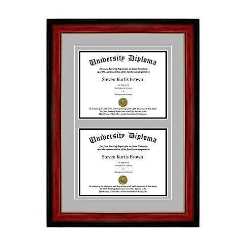 Double Diploma Frame with Double Matting for 17x22 x 14x22 Tall Diploma with Mahogany with Gold Lip 2x22 Frame G938875