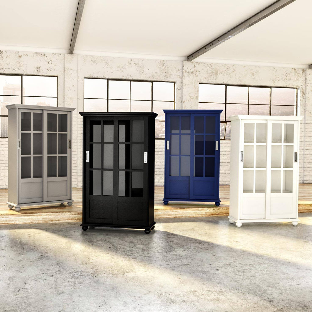 Blue Bookcase with Sliding Glass Doors W395