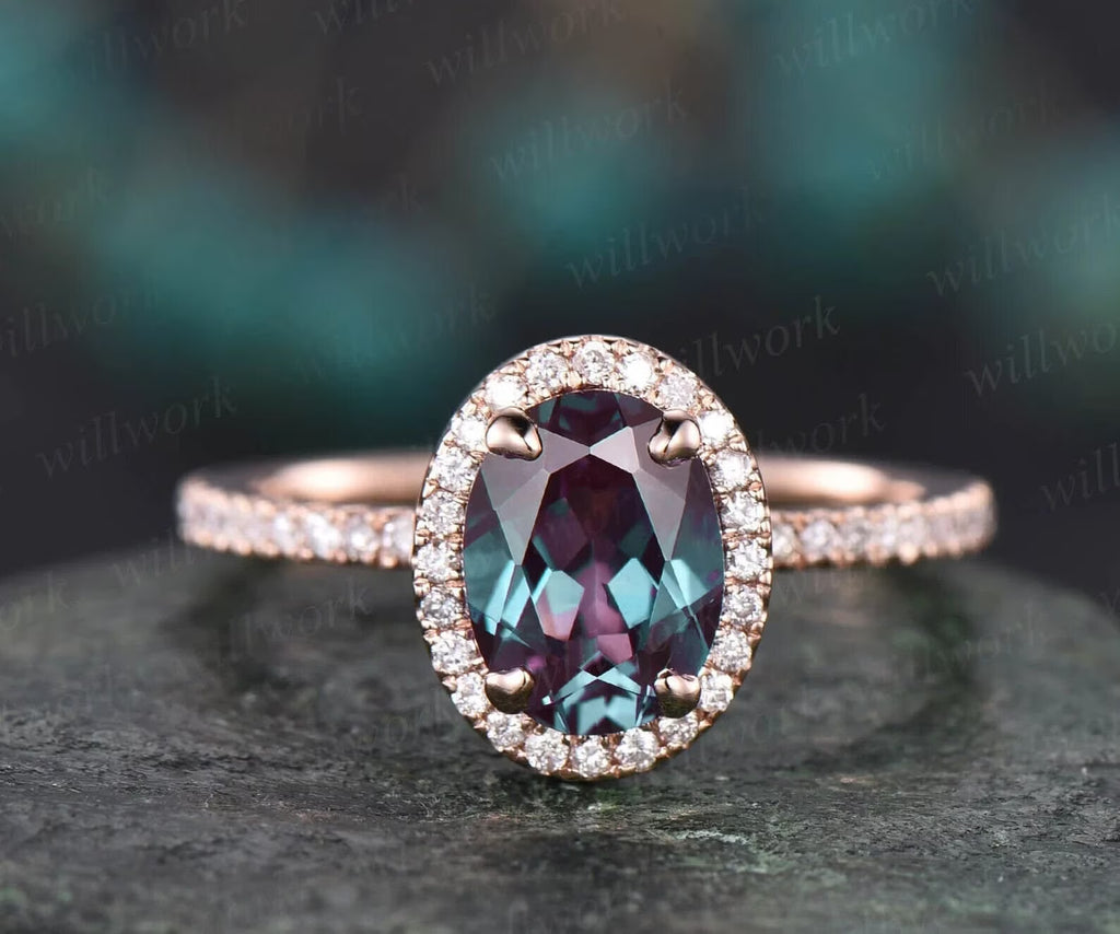 Oval Alexandrite Ring 14k Rose Gold Halo Ring T656737