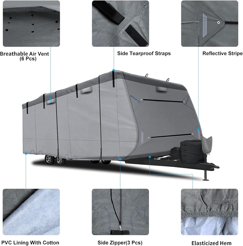 Heavy Duty RV Cover with 4 Tire Covers, Tongue Jack Cover, 2 Extra Straps, Gutter Cover V919