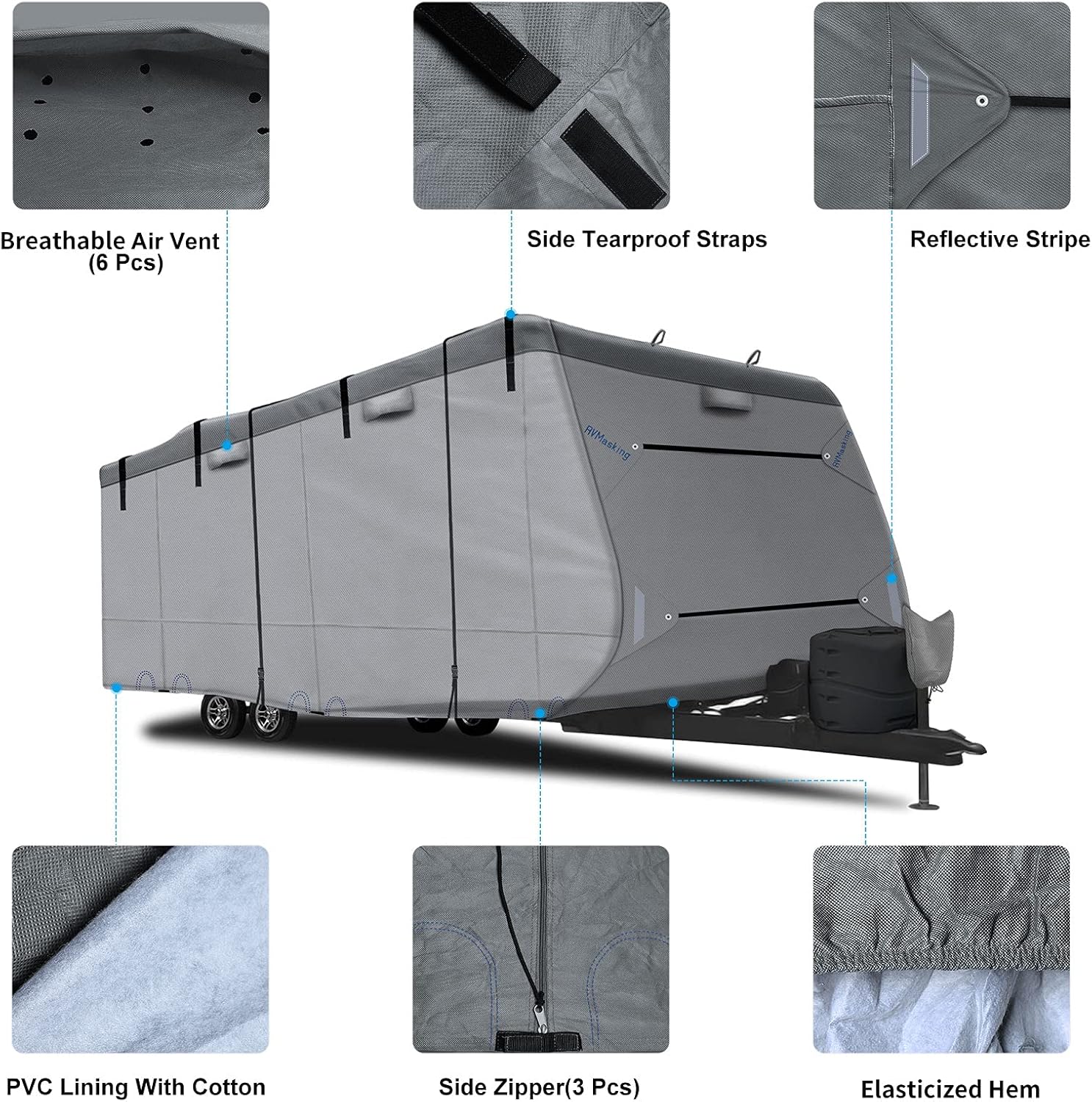 Heavy Duty RV Cover with 4 Tire Covers, Tongue Jack Cover, 2 Extra Straps, Gutter Cover V919