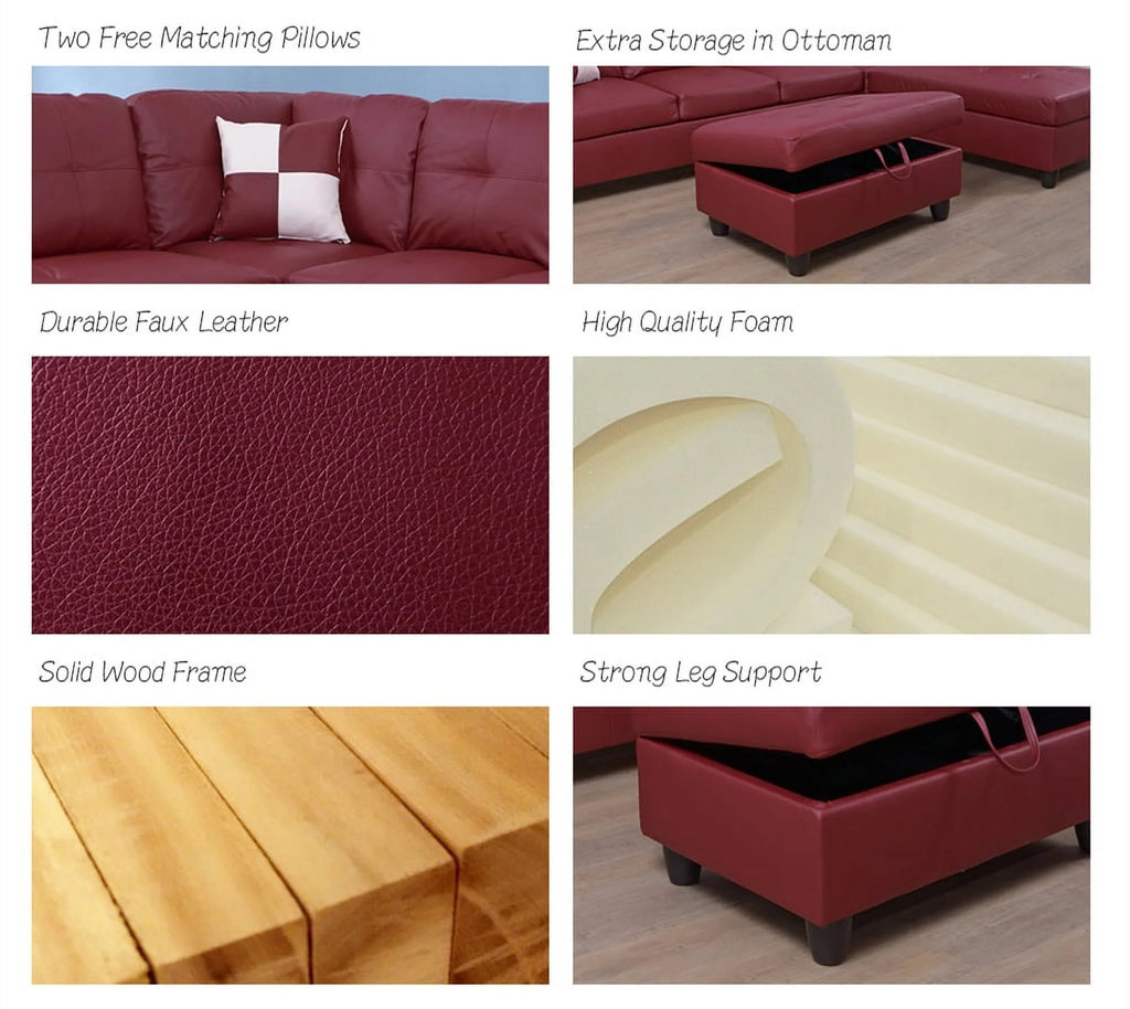 Red Faux Leather Sofa & Chaise with Ottoman G841