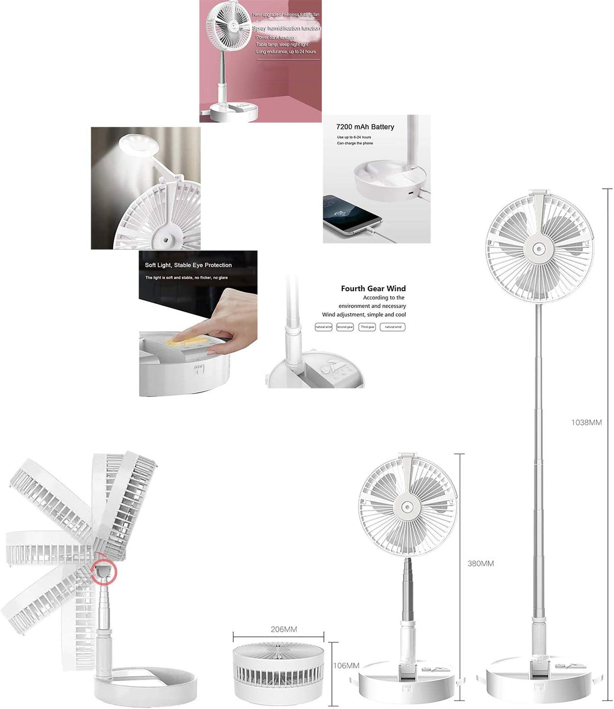 USB Rechargeable Folding Floor Fan with Mister and LED Lamp S349371