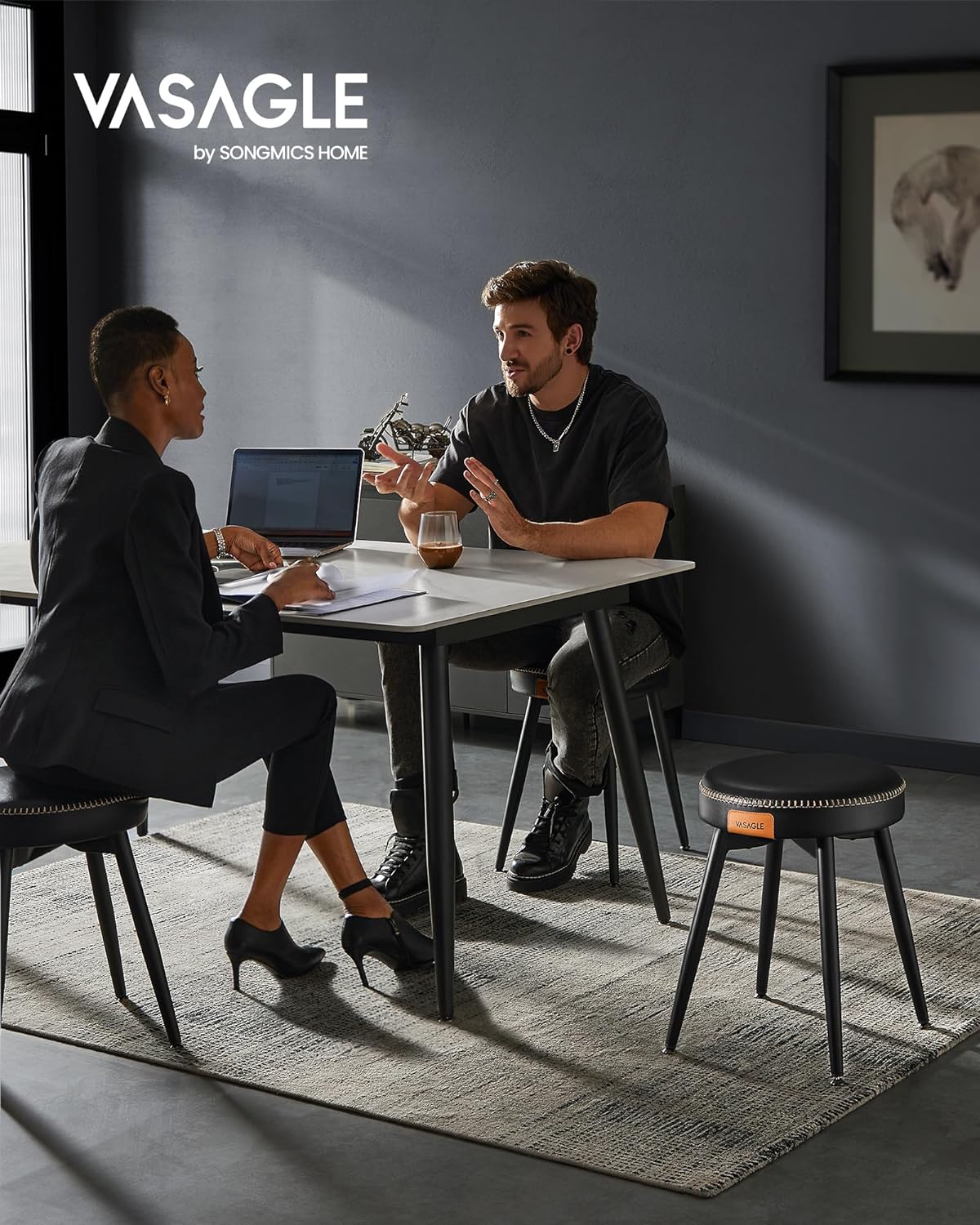 Set of 2 Upholstered Synthetic Leather Dining Stools, Ink Black L4023