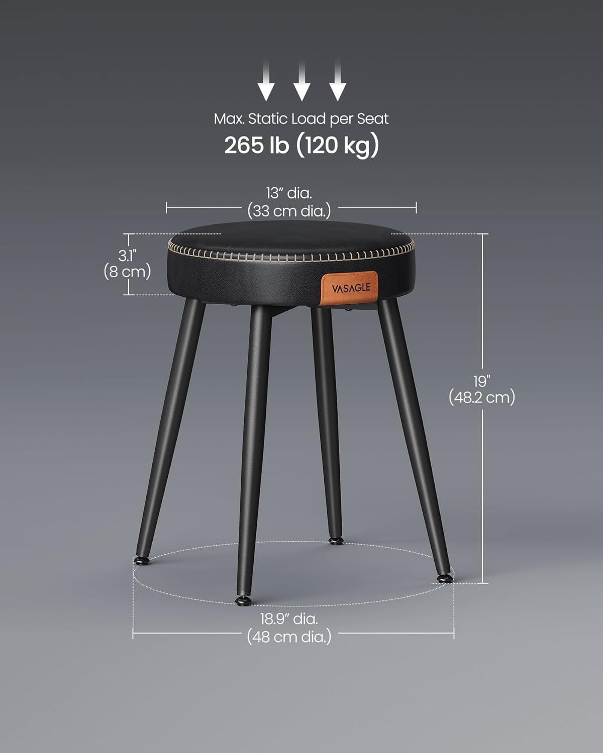 Set of 2 Upholstered Synthetic Leather Dining Stools, Ink Black L4023